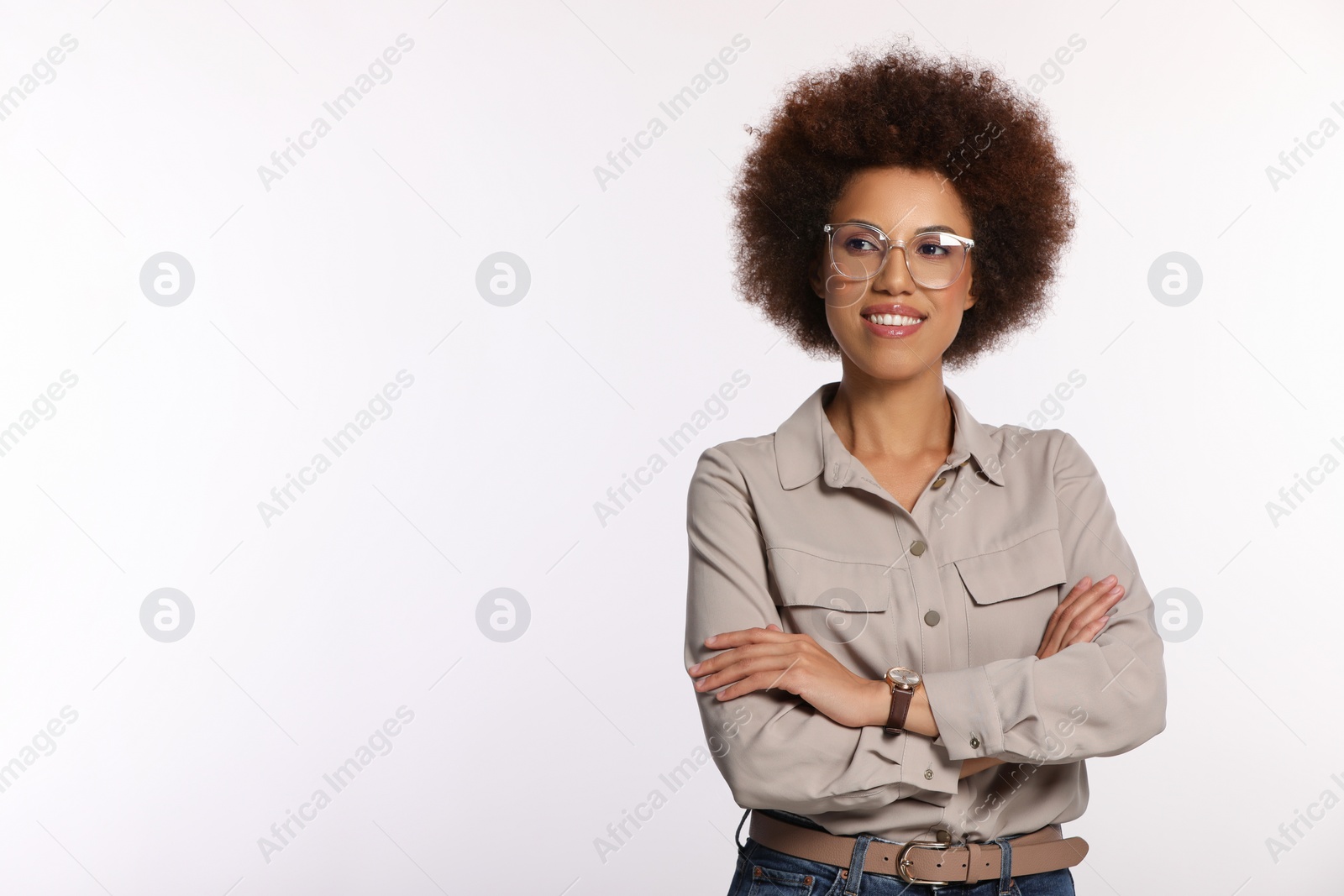 Photo of Portrait of beautiful young woman in stylish eyeglasses on white background. Space for text