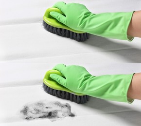 Image of Woman in green gloves cleaning white mattress with brush, closeup. Collage with photos before and after cleaning