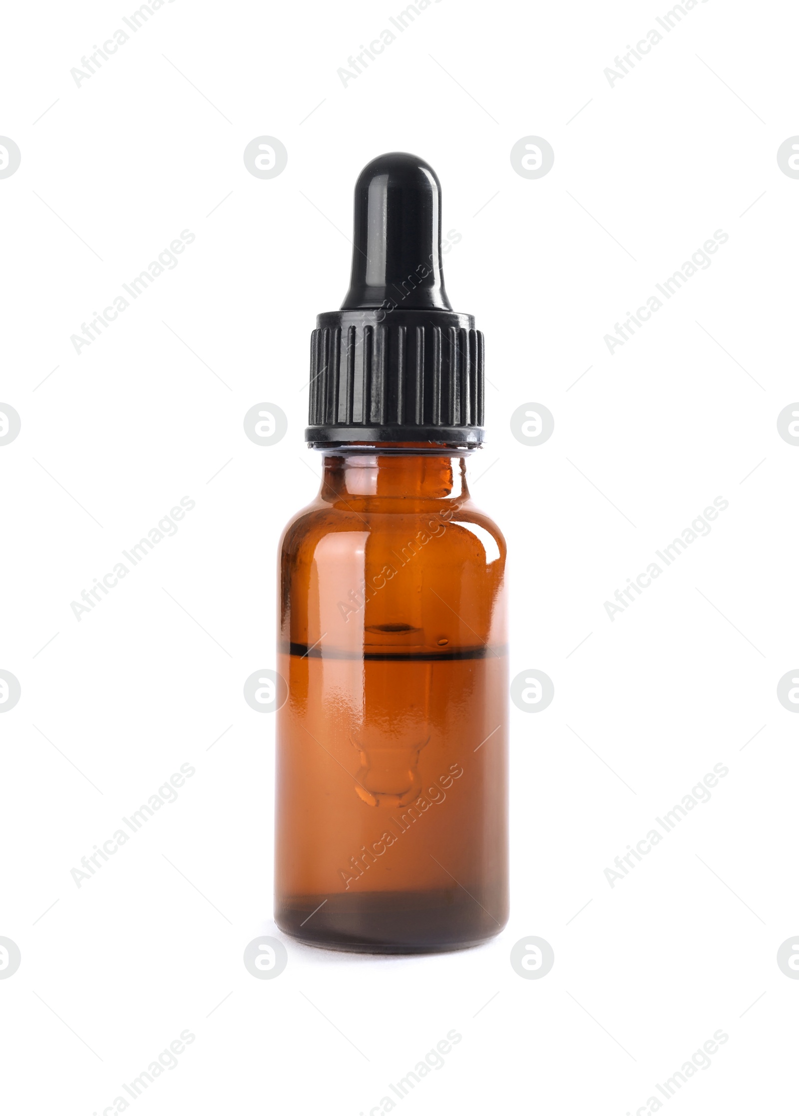 Photo of Bottle of herbal essential oil isolated on white