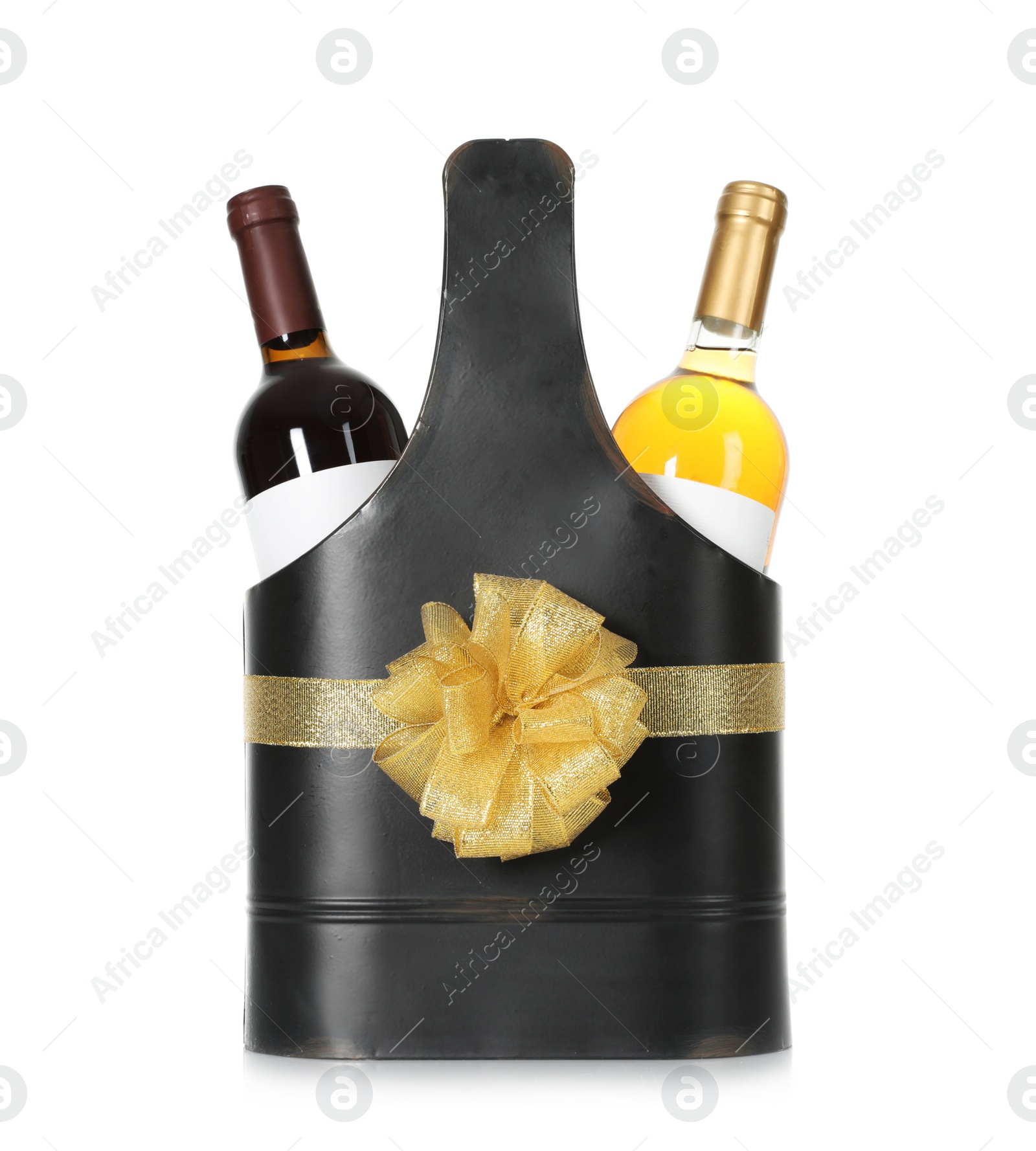 Photo of Festive package with bottles of wine on white background