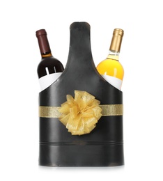 Photo of Festive package with bottles of wine on white background