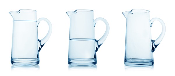 Image of Glass jug isolated on white, collage with empty, semi filled and full
