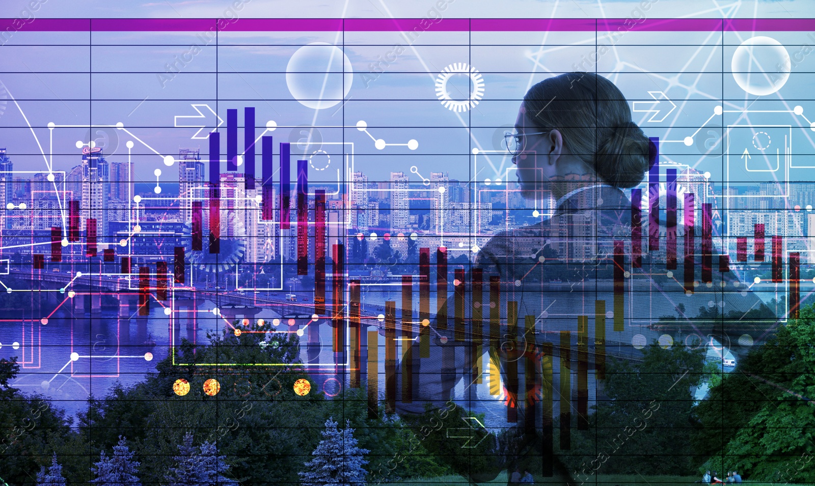 Image of Multiple exposure of young businesswoman, graph and cityscape 