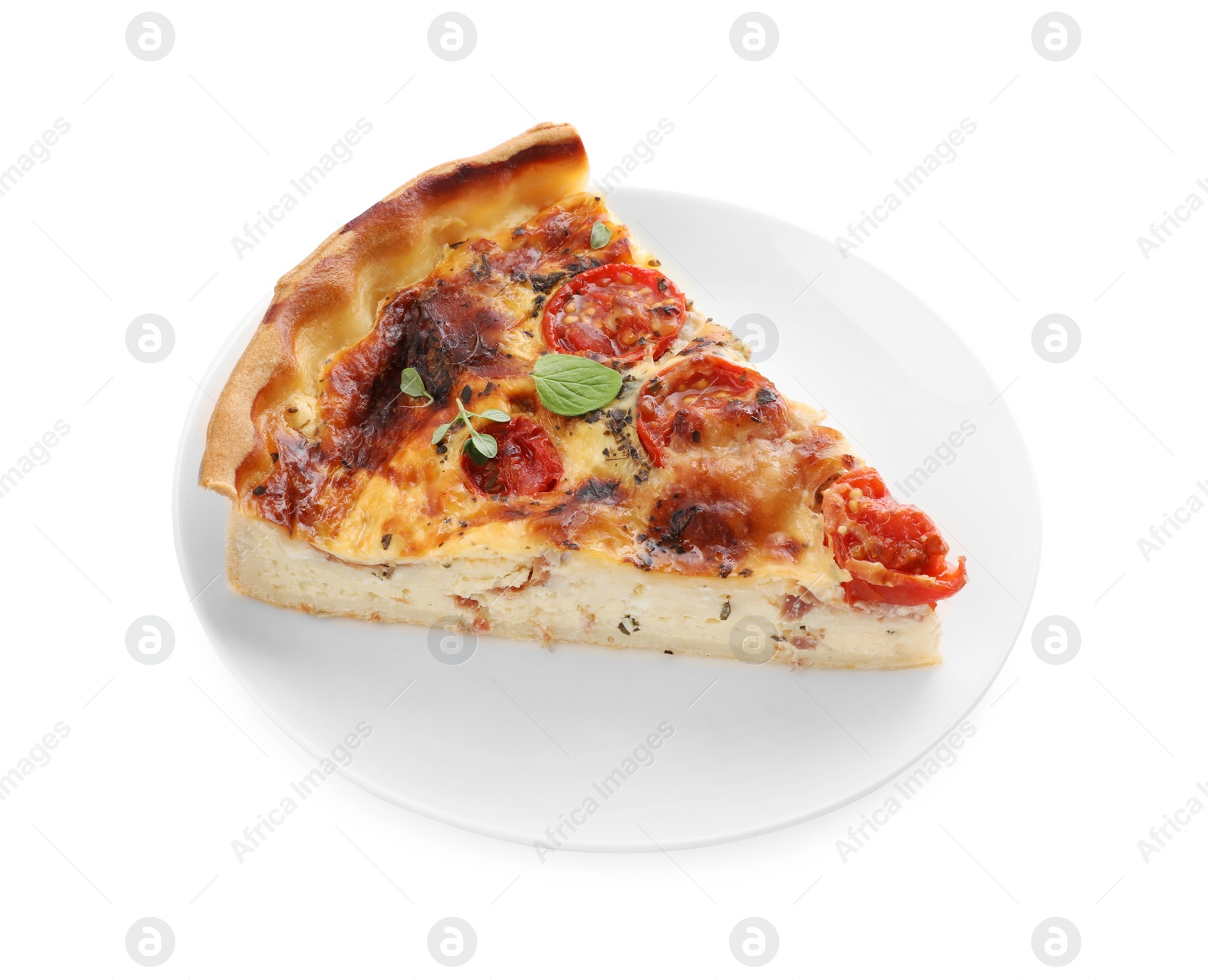 Photo of Piece of delicious homemade quiche with prosciutto isolated on white
