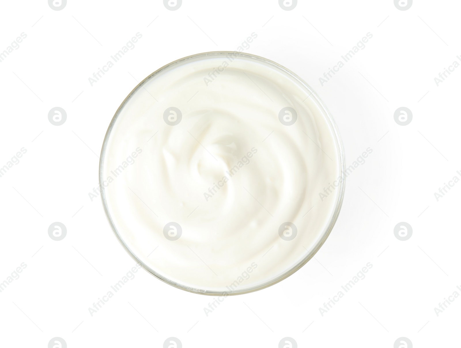 Photo of Glass bowl with creamy yogurt on white background, top view