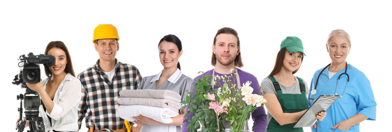 Image of Career choice. People of different professions on white background, banner design