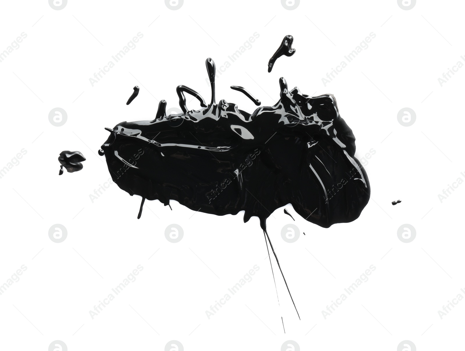 Photo of Blot of black paint on white background, top view