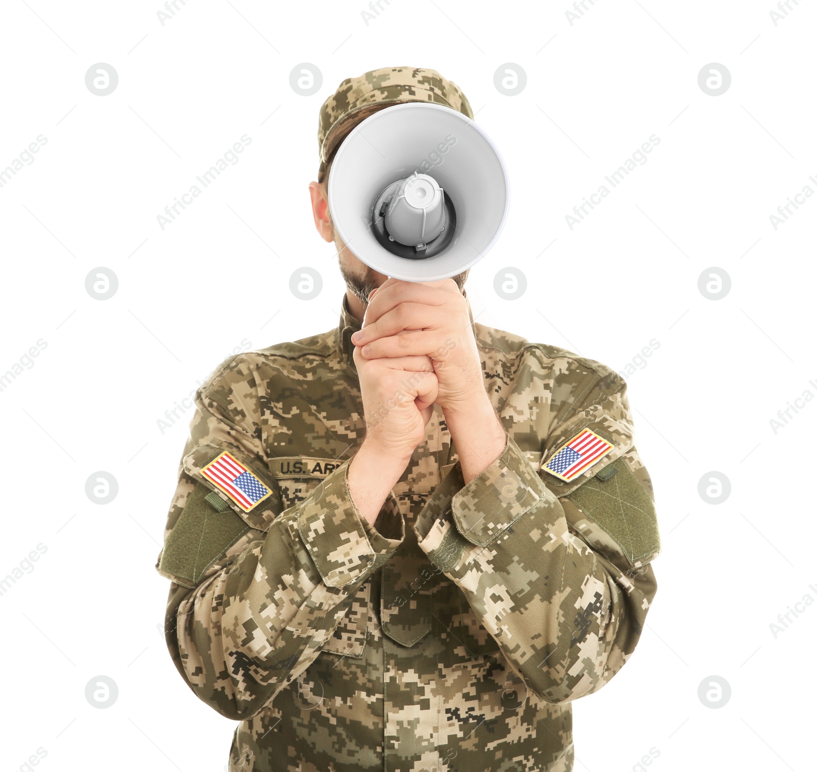 Photo of Military man shouting into megaphone on white background