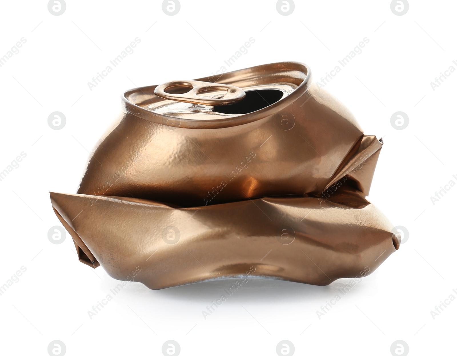 Photo of Empty crumpled aluminum can on white background. Metal waste recycling