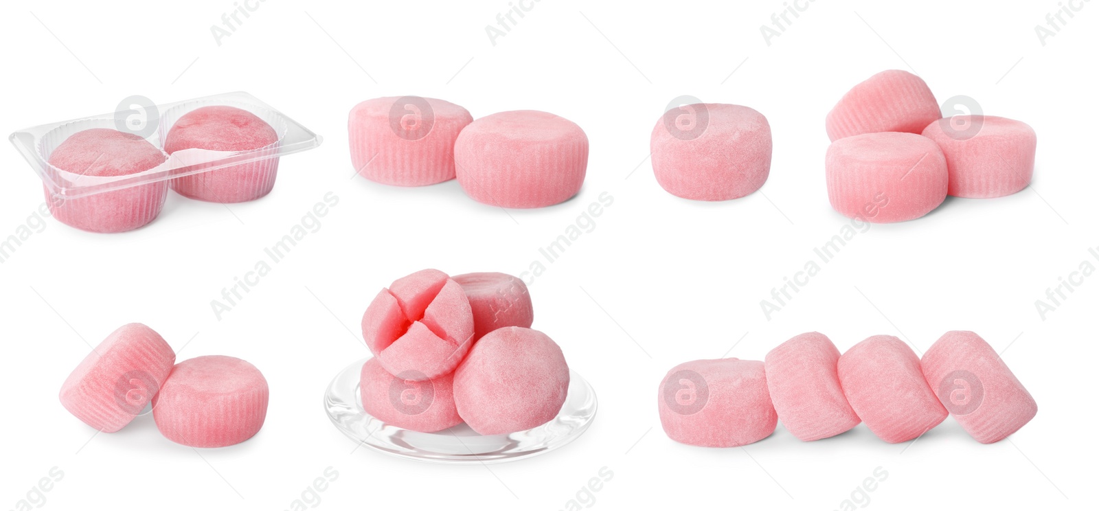 Image of Set with with delicious mochi on white background. Banner design