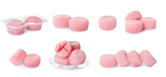 Image of Set with with delicious mochi on white background. Banner design