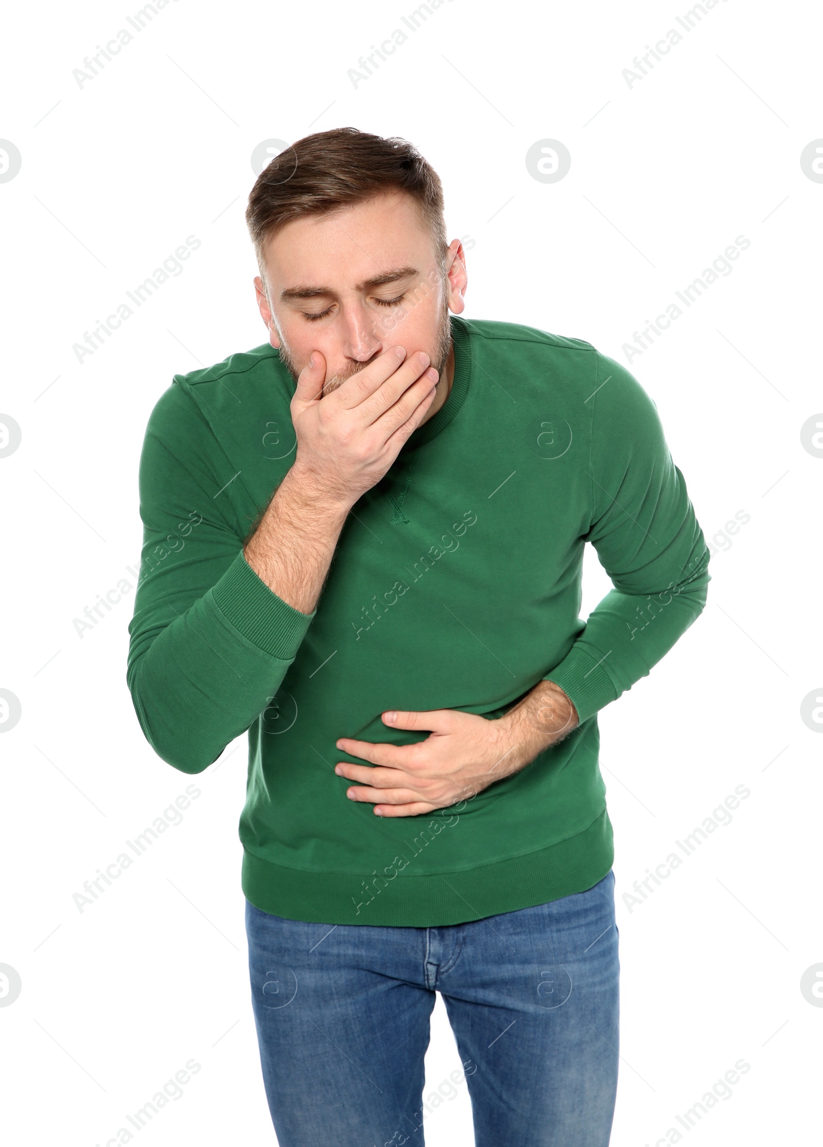 Photo of Young man suffering from nausea isolated on white