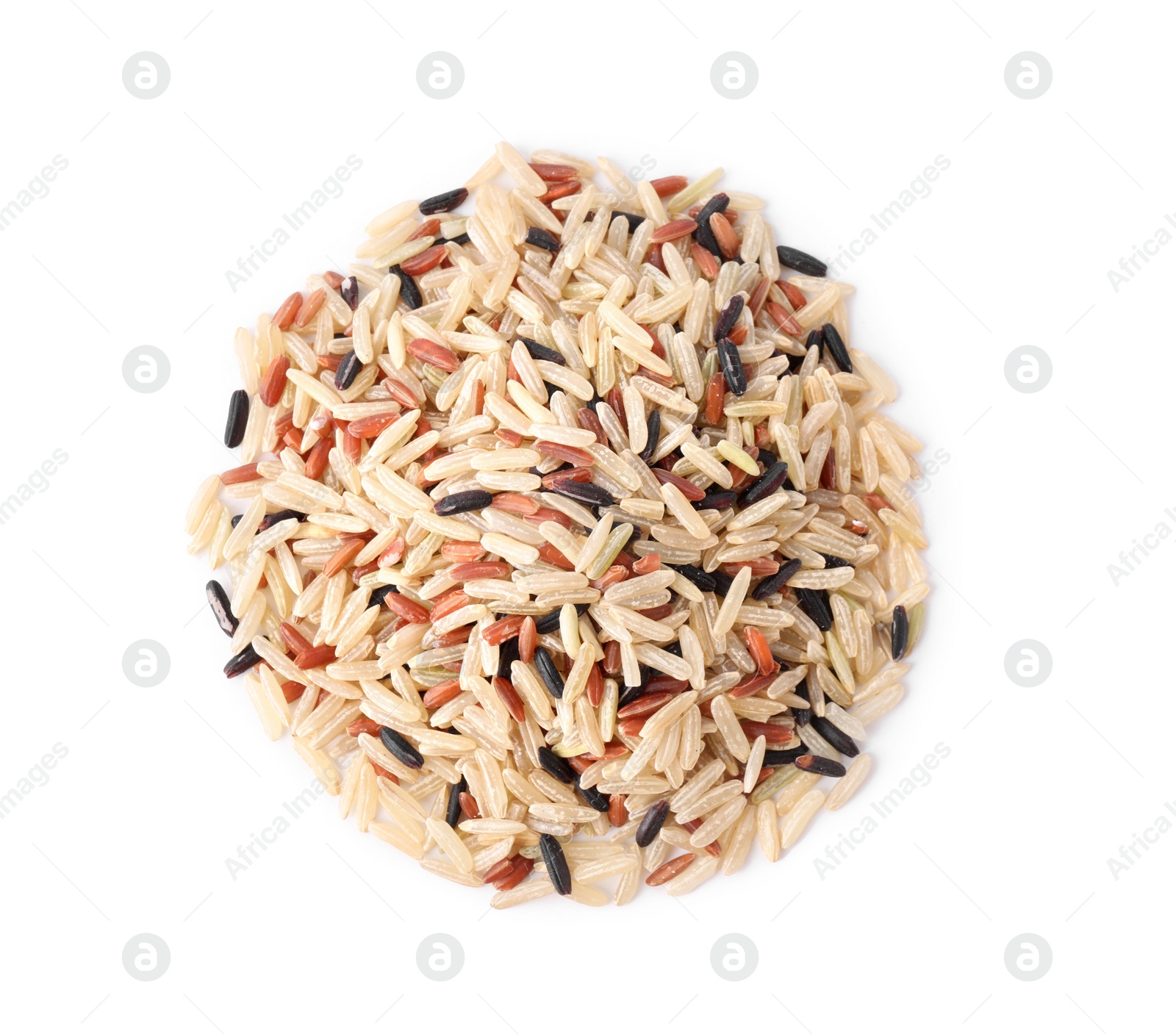 Photo of Different sorts of brown rice isolated on white, top view