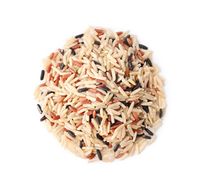Photo of Different sorts of brown rice isolated on white, top view