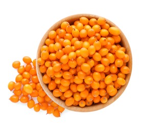 Photo of Bowl with fresh ripe sea buckthorn berries on white background, top view