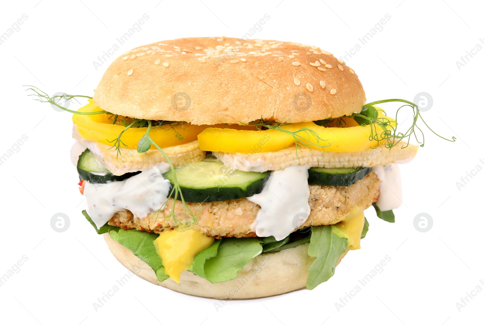 Photo of Tasty vegan burger with vegetables, sauce and patty isolated on white