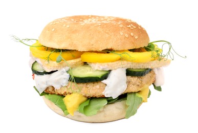 Tasty vegan burger with vegetables, sauce and patty isolated on white