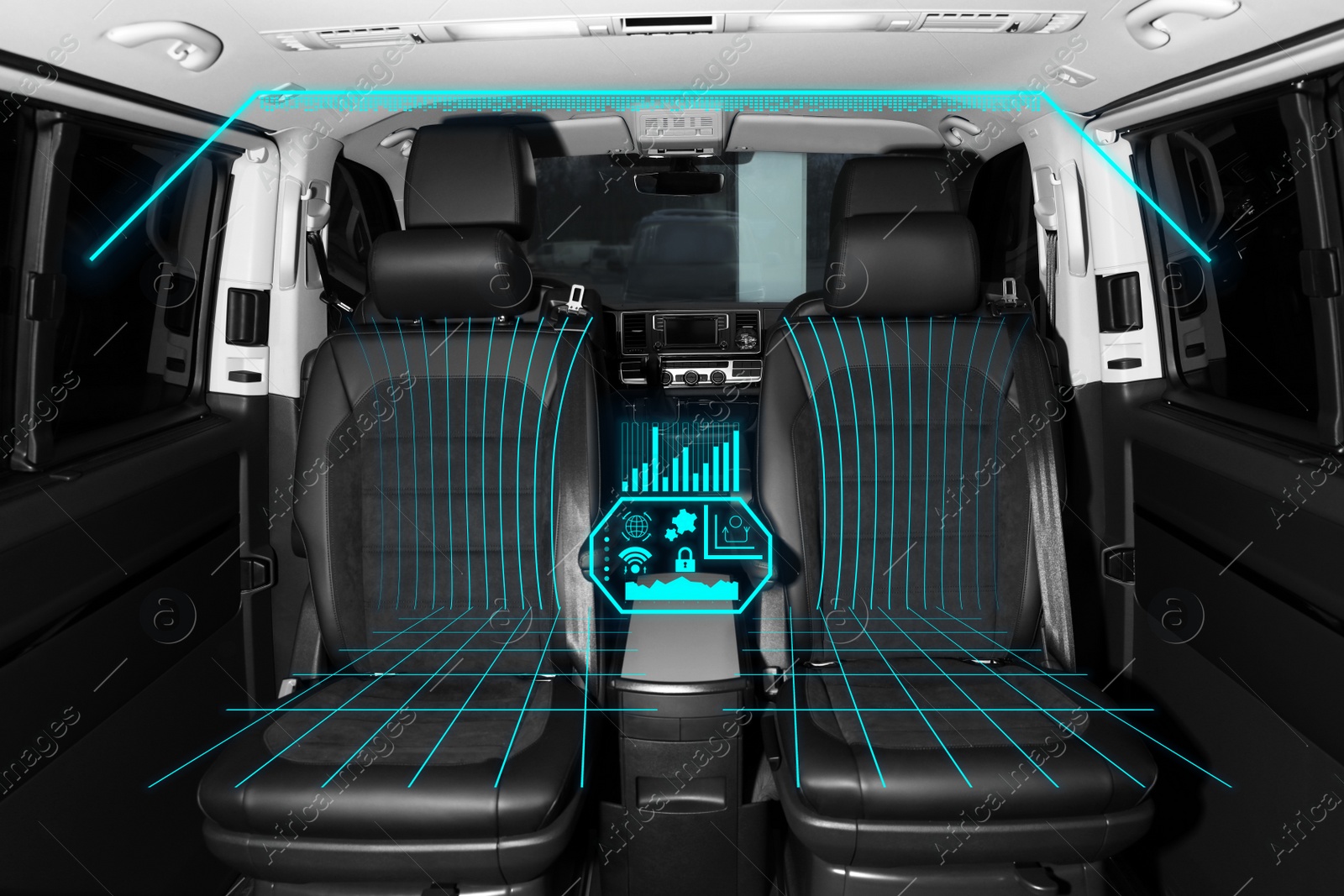 Image of Futuristic technology. Car interior with graphical user interface