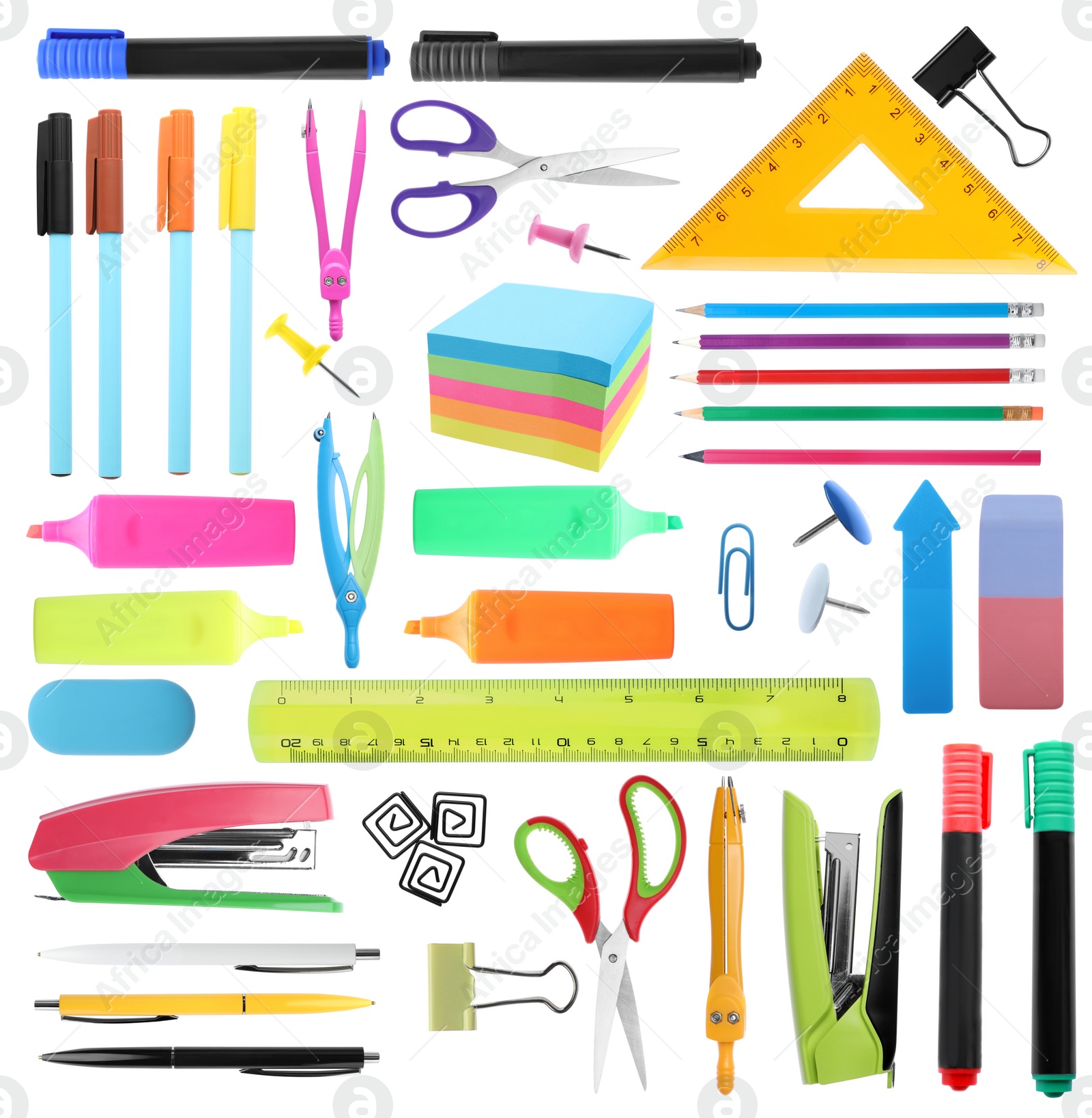 Image of Set of bright school stationery on white background