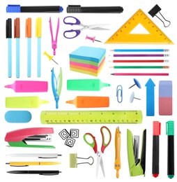 Image of Set of bright school stationery on white background