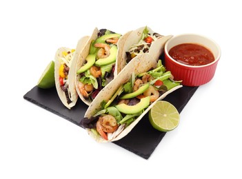 Photo of Delicious tacos, lime and sauce on white background