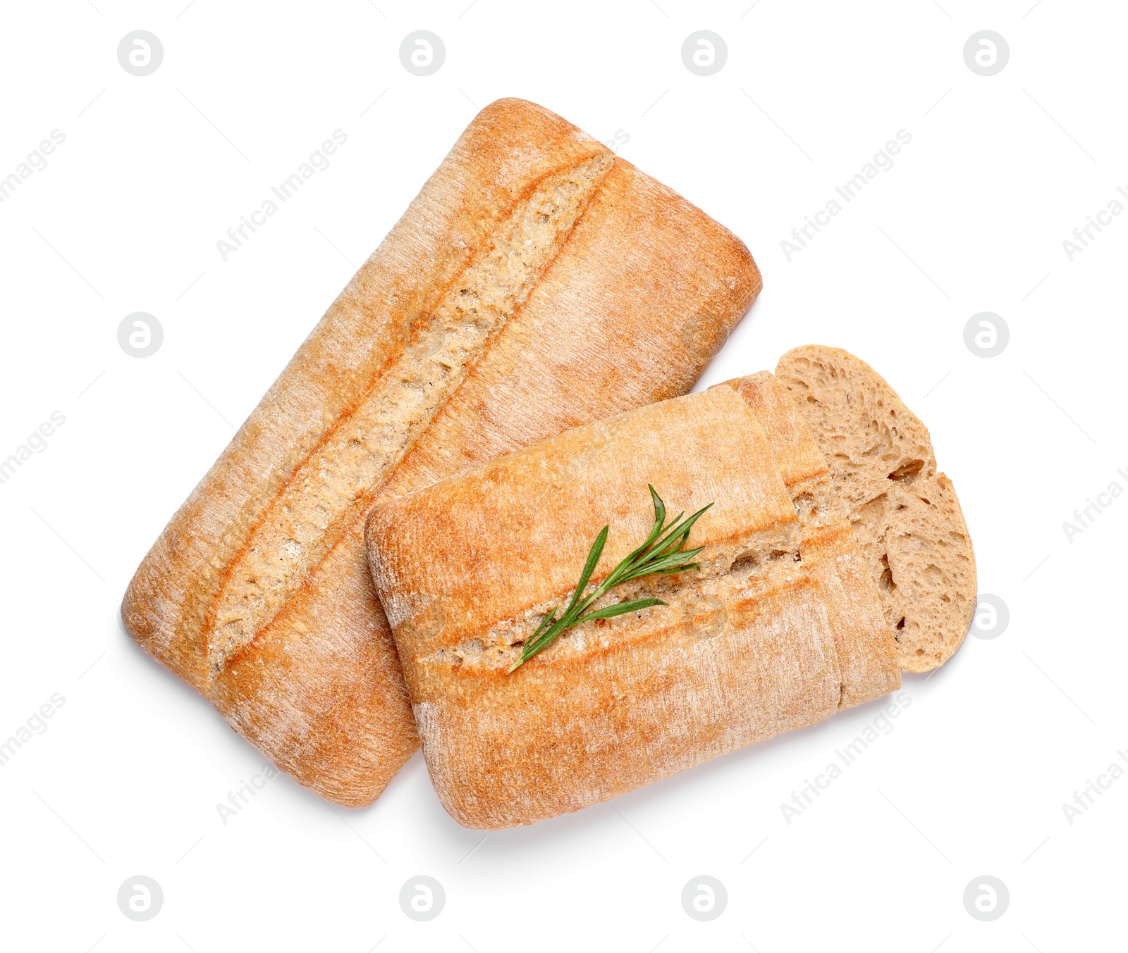 Photo of Delicious ciabattas with rosemary on white background, top view