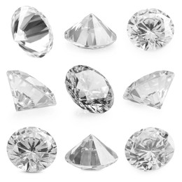 Image of Beautiful dazzling diamonds on white background, set