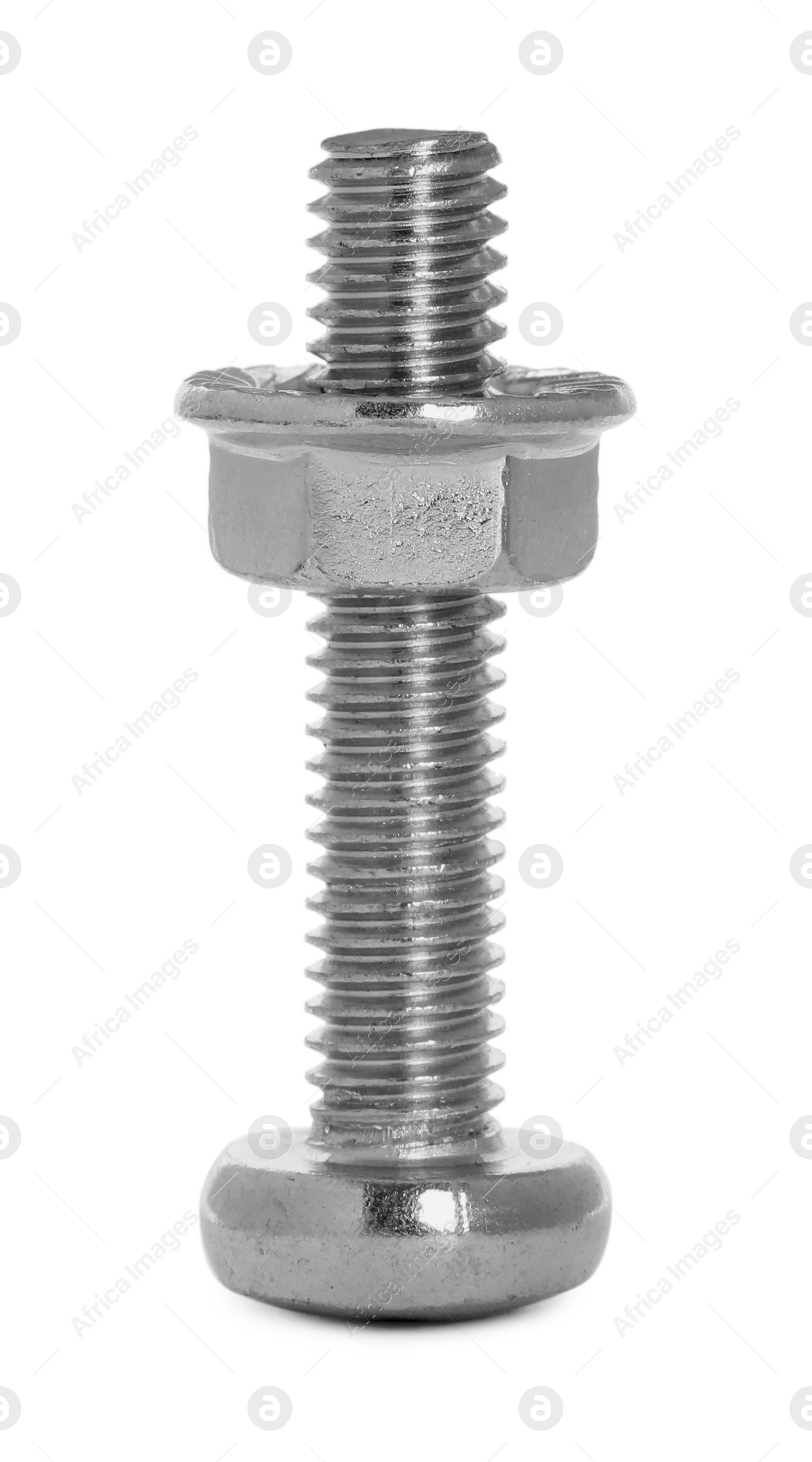 Photo of Metal carriage bolt with flange nut isolated on white
