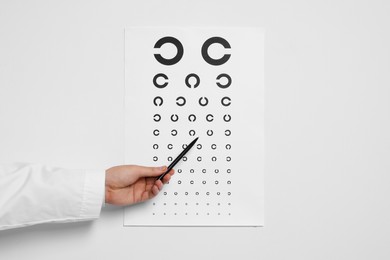 Ophthalmologist pointing at vision test chart on white background, closeup