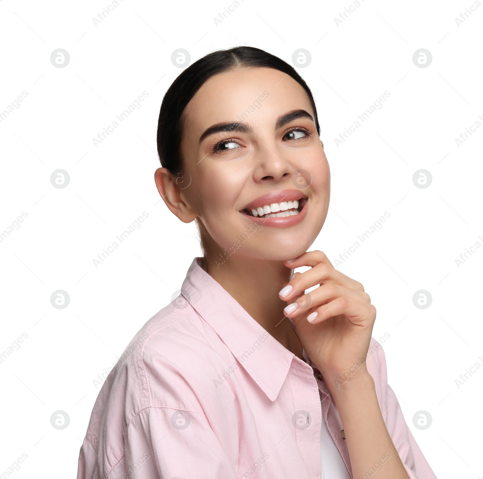 Photo of Beautiful woman with clean teeth smiling on white background