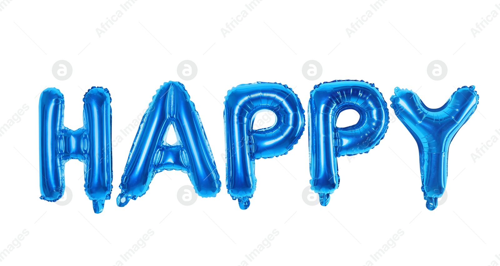 Photo of Word HAPPY made of blue foil balloons letters on white background