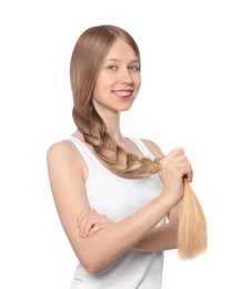 Photo of Teenage girl with strong healthy braided hair on white background
