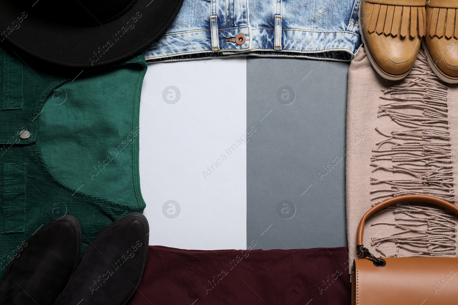 Photo of Frame of stylish clothes and accessories on color background, space for text