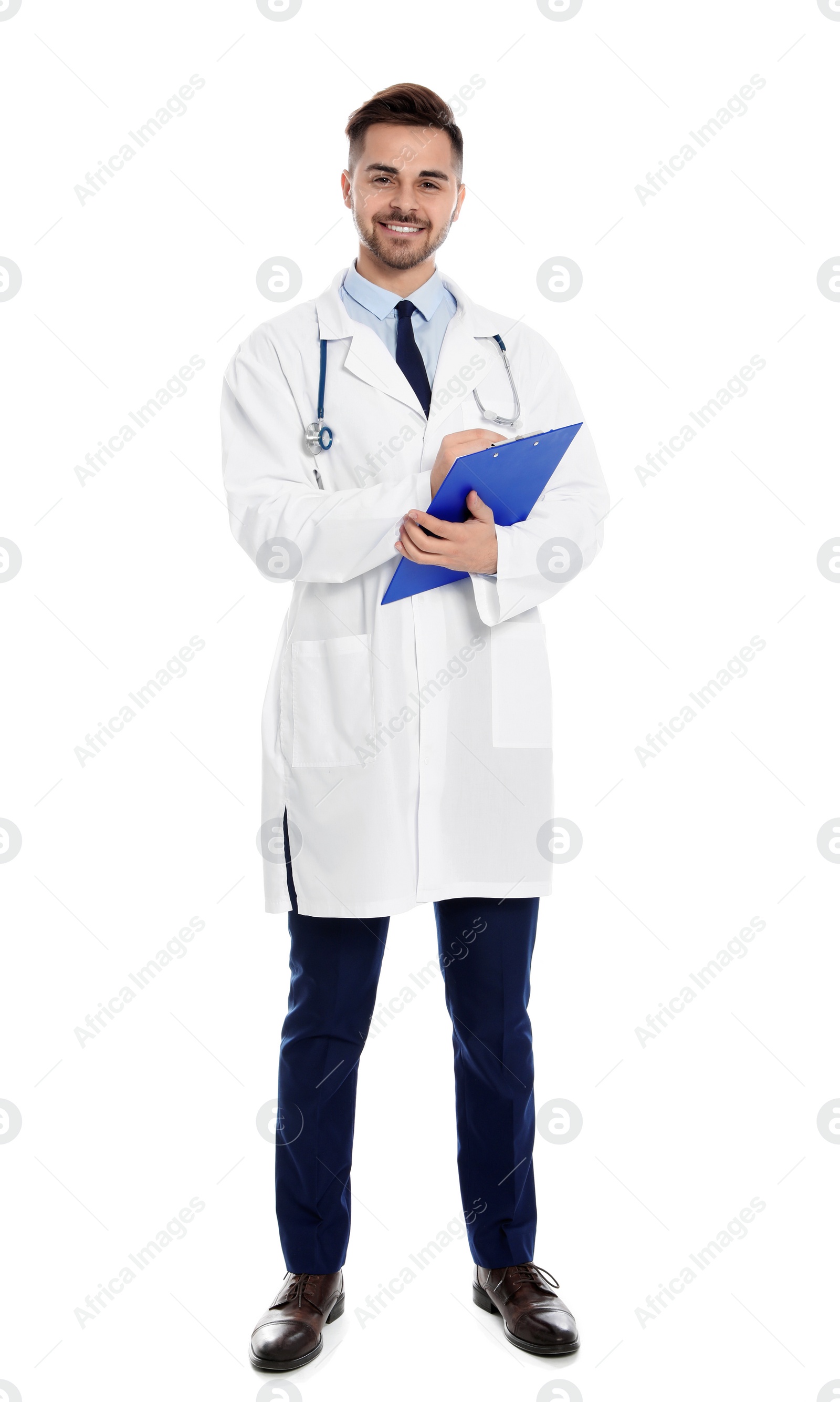 Photo of Full length portrait of medical doctor with clipboard and stethoscope isolated on white