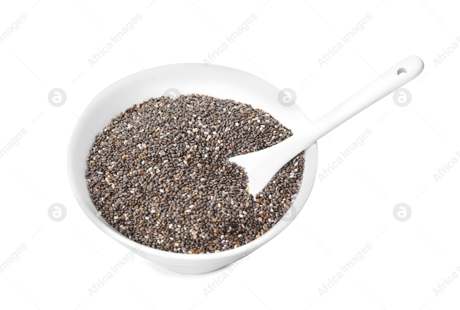 Photo of Bowl with chia seeds and spoon isolated on white