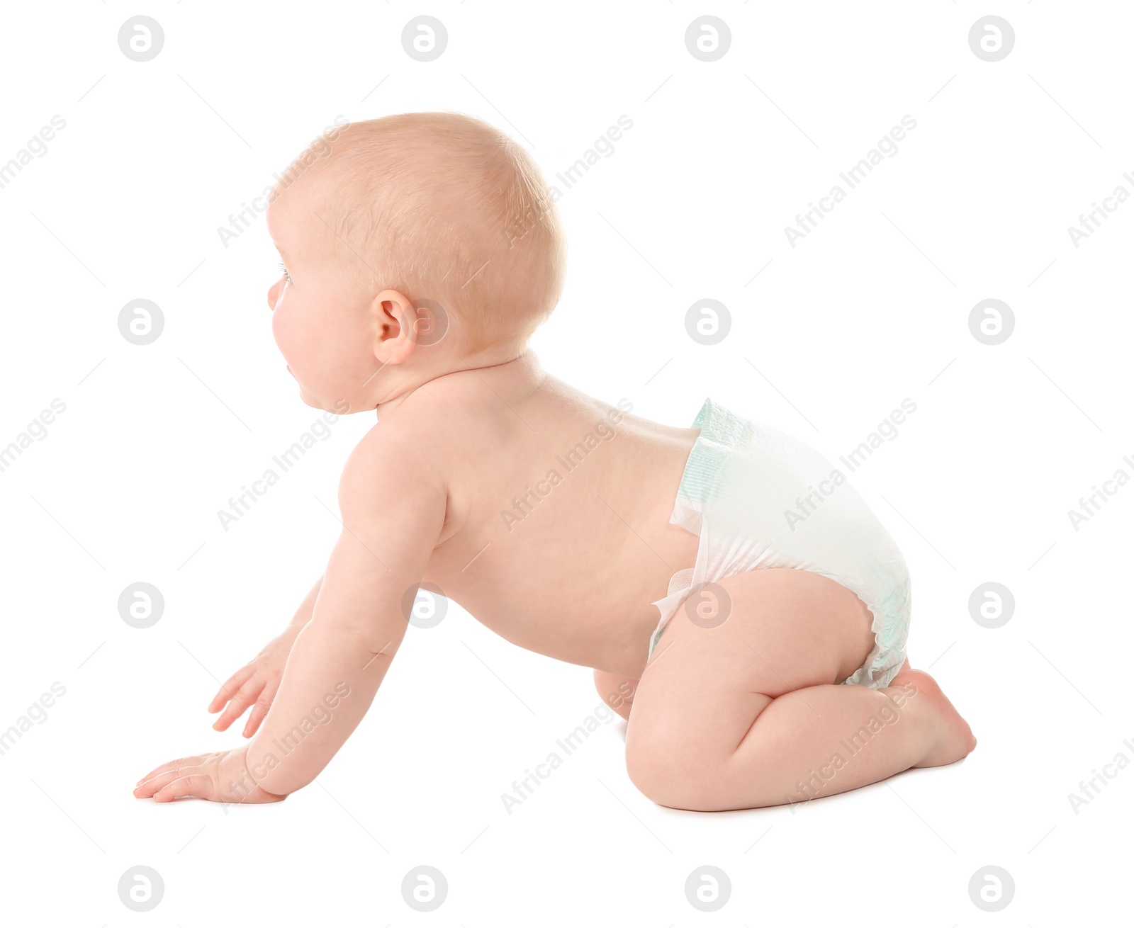 Photo of Cute little baby crawling on white background