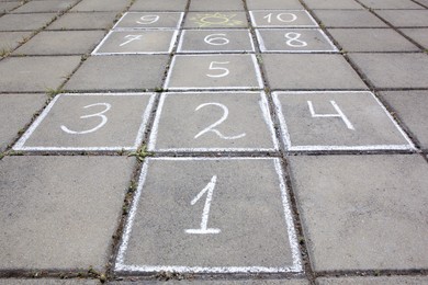 Photo of Hopscotch drawn with white chalk on street tiles outdoors