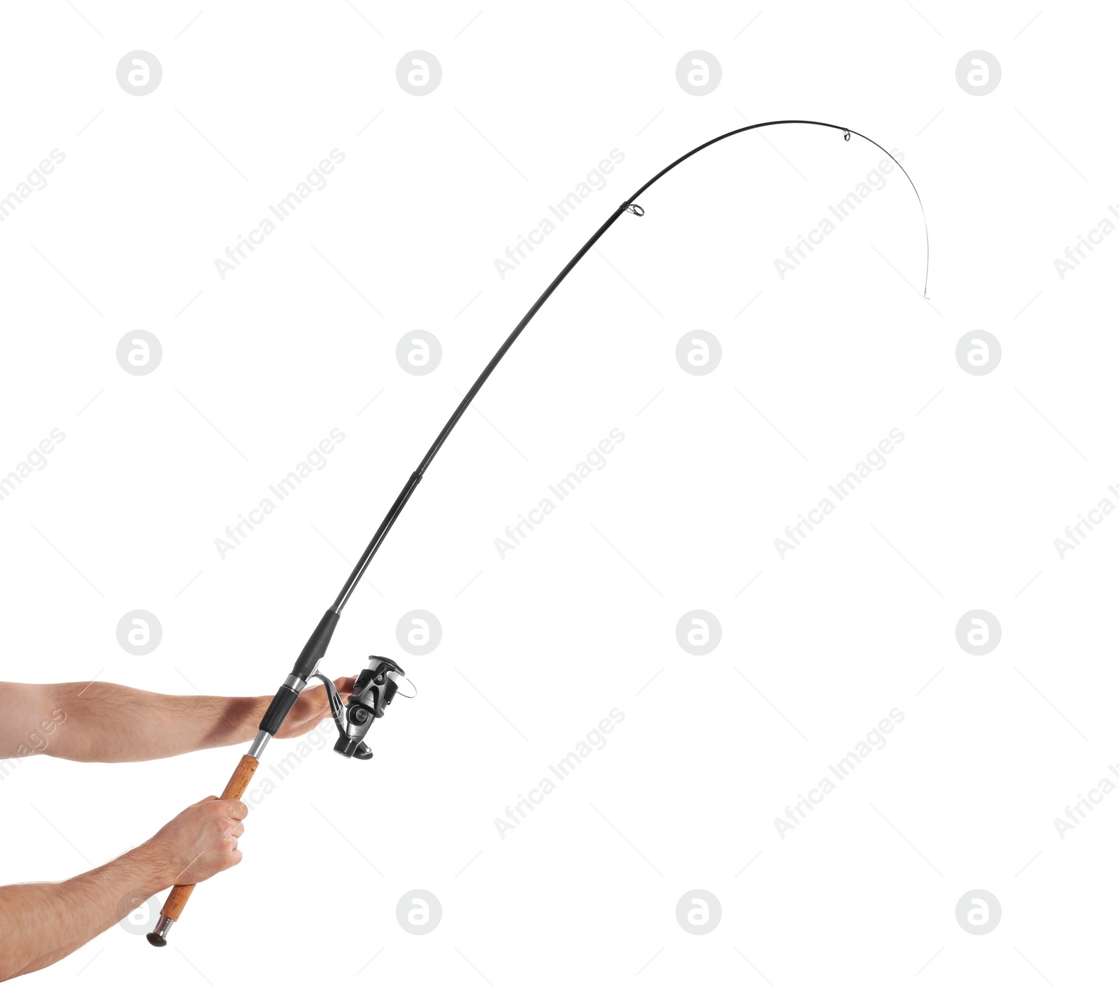 Photo of Man holding fishing rod on white background, closeup