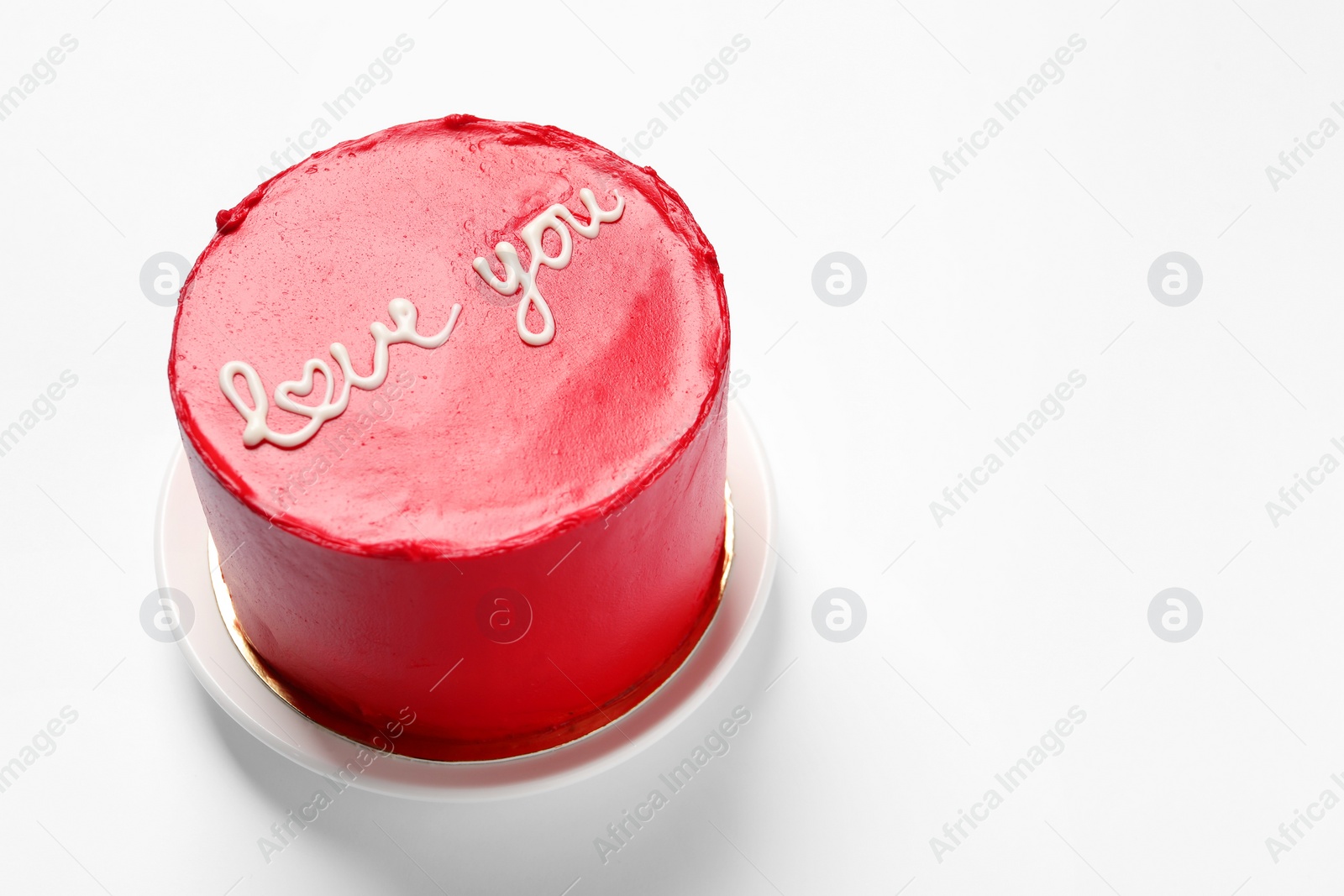 Photo of Bento cake with text Love You on white table, space for text. St. Valentine's day surprise