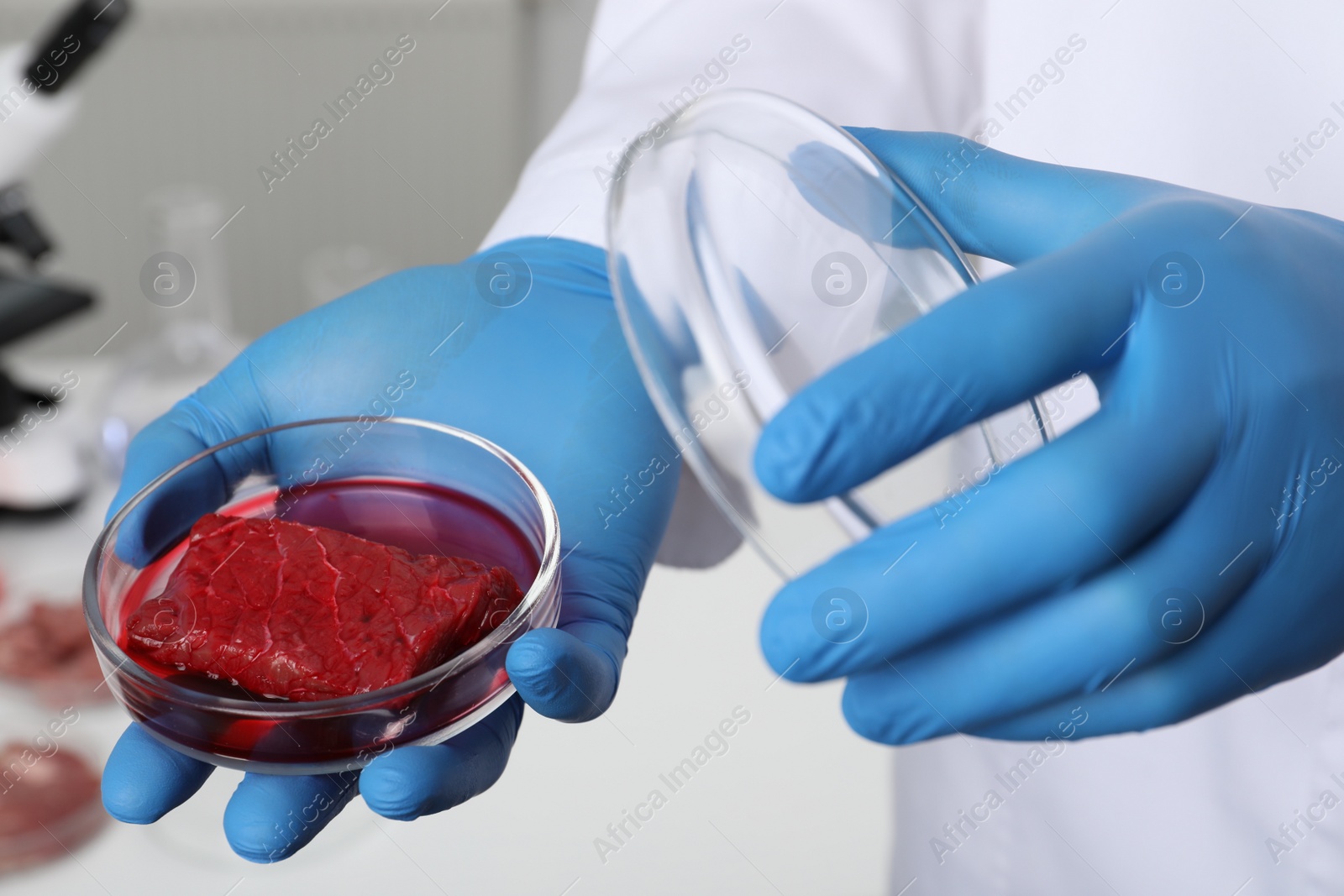 Photo of Scientist holding Petri dish with raw cultured meat in laboratory, closeup