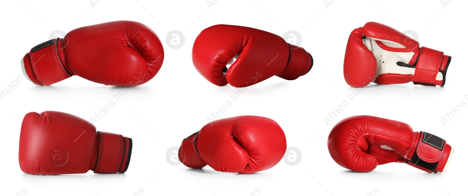 Image of Set with red boxing gloves on white background. Banner design