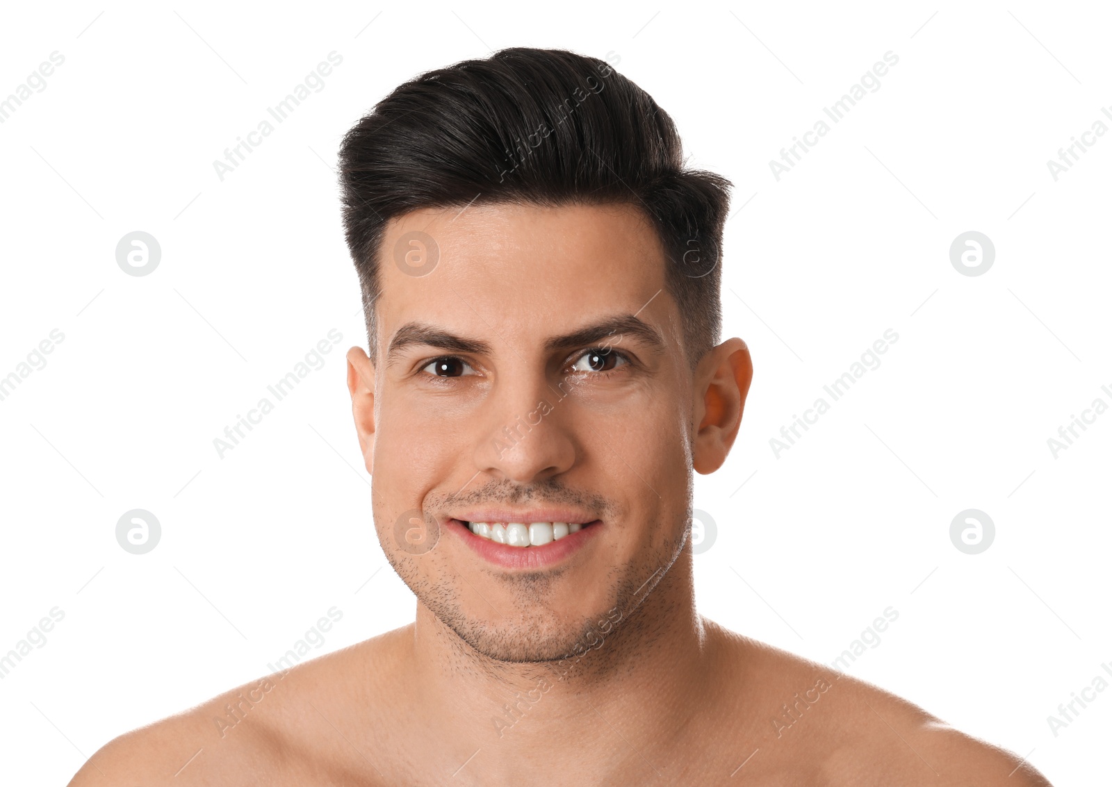 Photo of Handsome man with stubble before shaving on white background