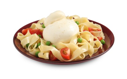 Photo of Plate of delicious pasta with burrata, peas and tomatoes isolated on white