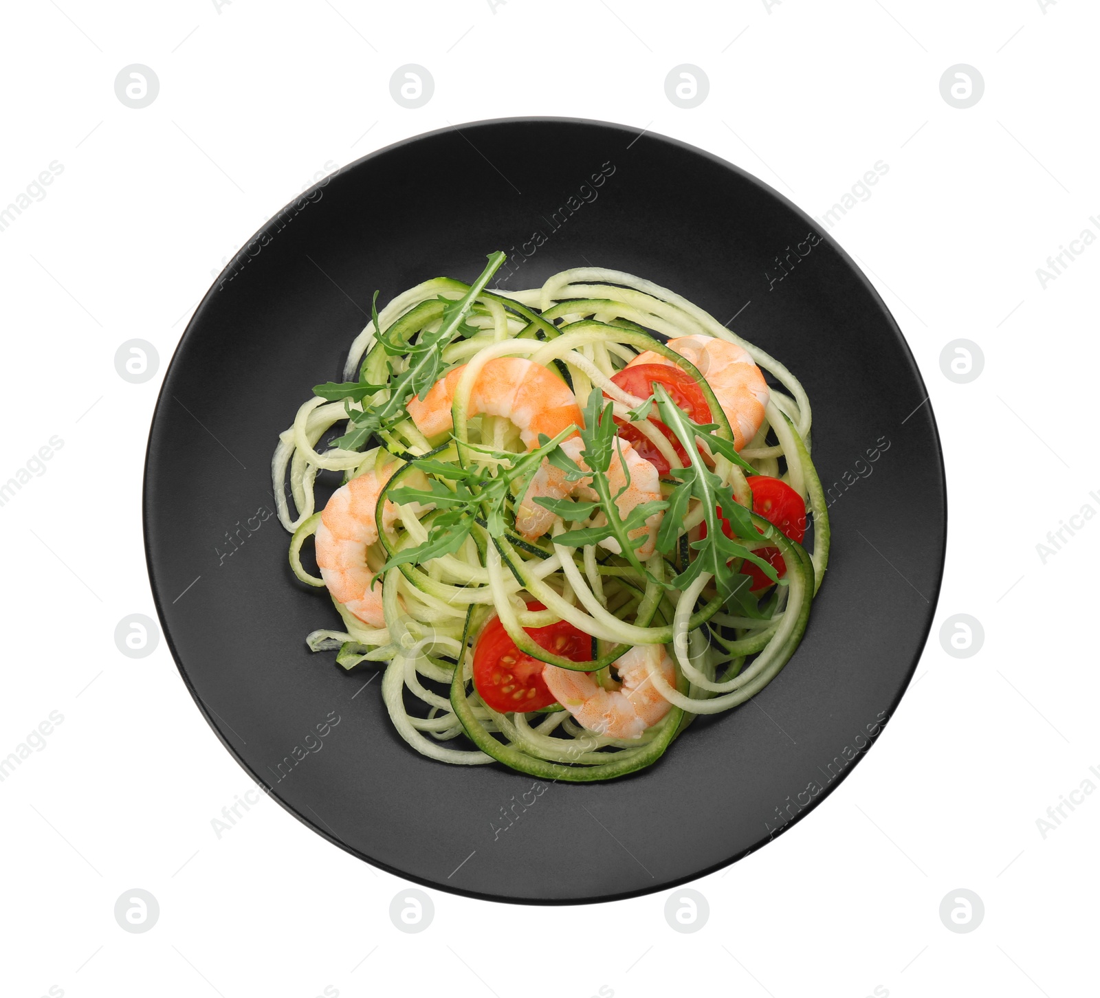 Photo of Tasty zucchini pasta with shrimps and tomatoes isolated on white, top view