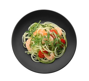 Photo of Tasty zucchini pasta with shrimps and tomatoes isolated on white, top view