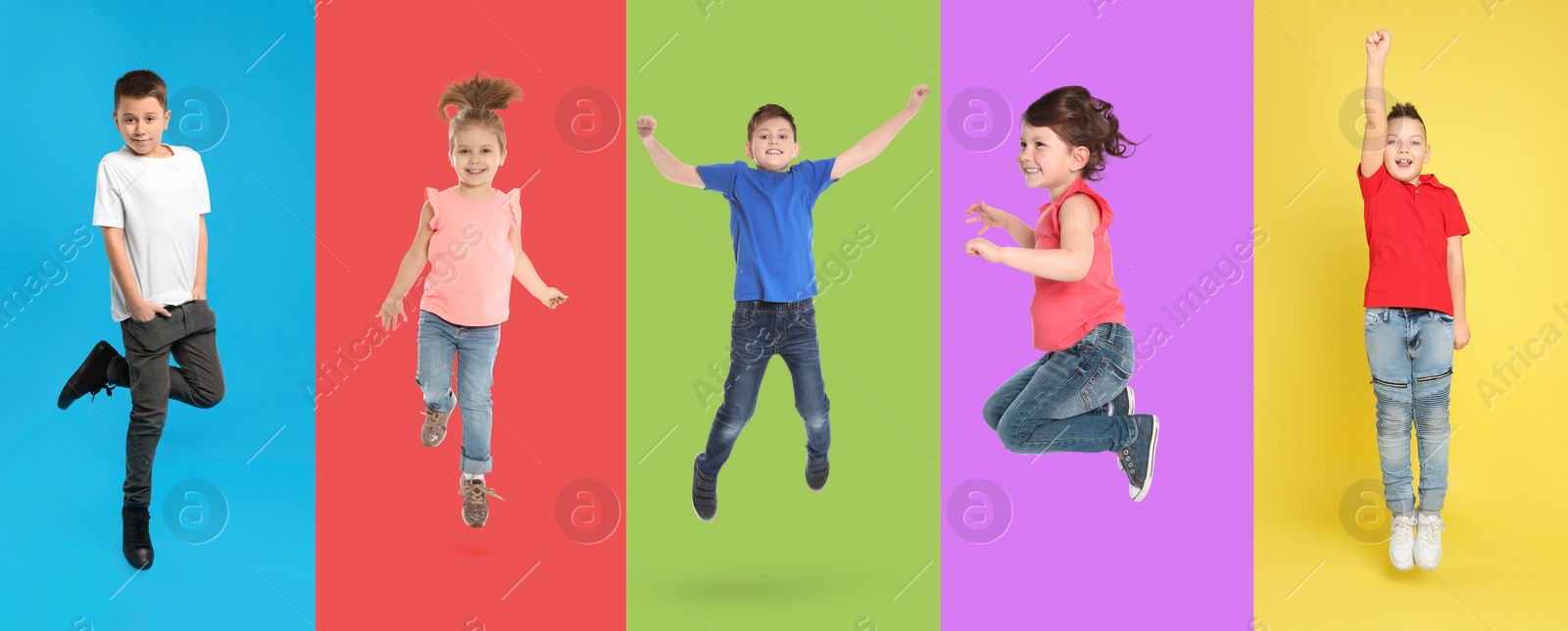 Image of Group of children jumping on color backgrounds, set of photos