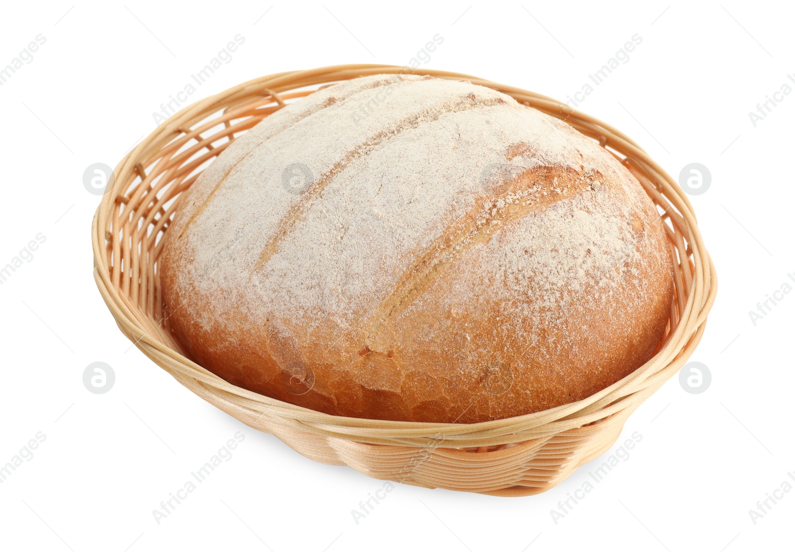 Photo of Wicker basket with fresh bread isolated on white