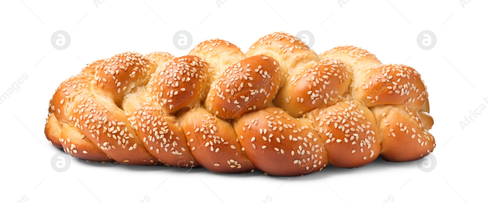 Photo of Homemade braided bread with sesame seeds isolated on white. Traditional Shabbat challah