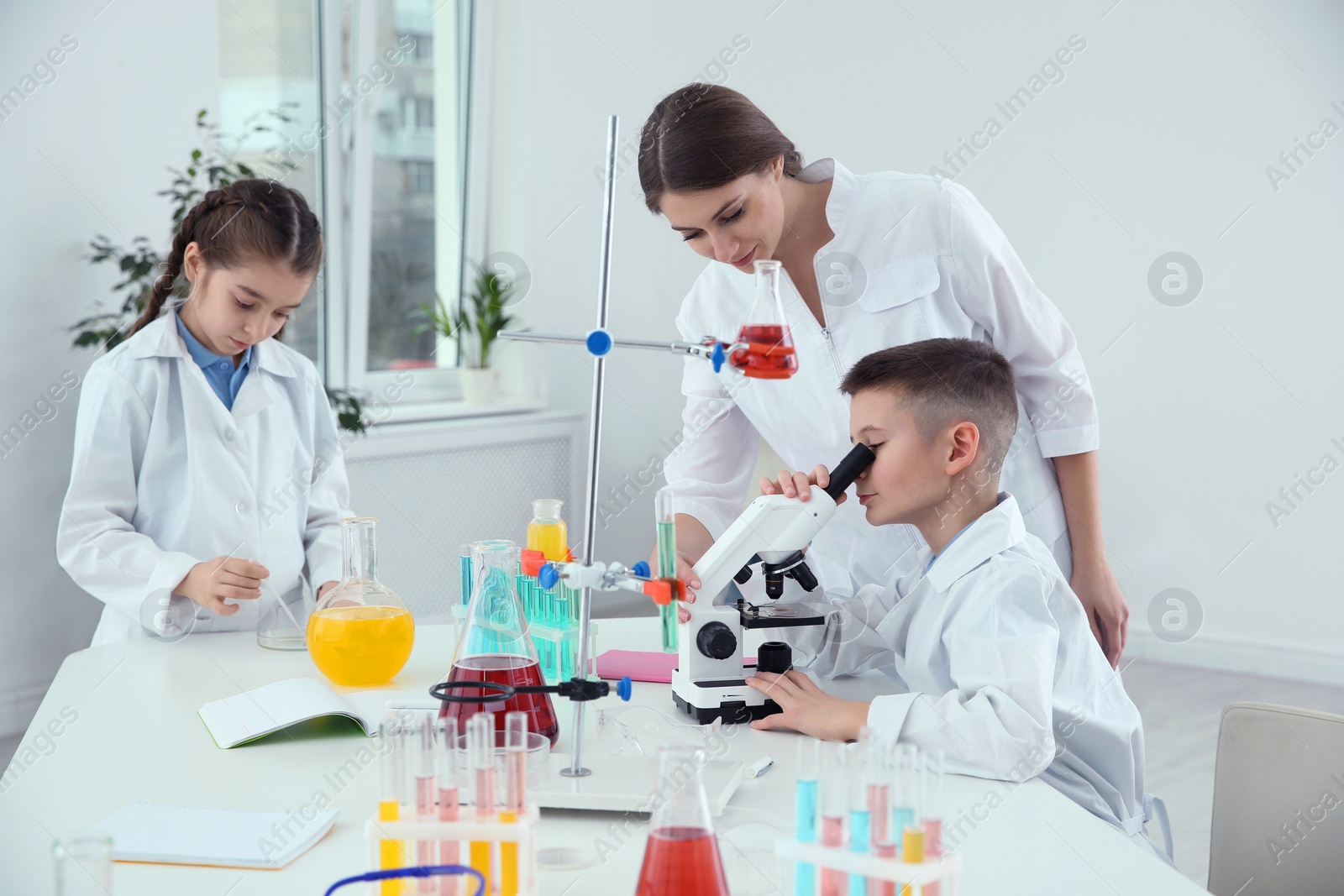 Photo of Pupils with their teacher at chemistry lesson in classroom