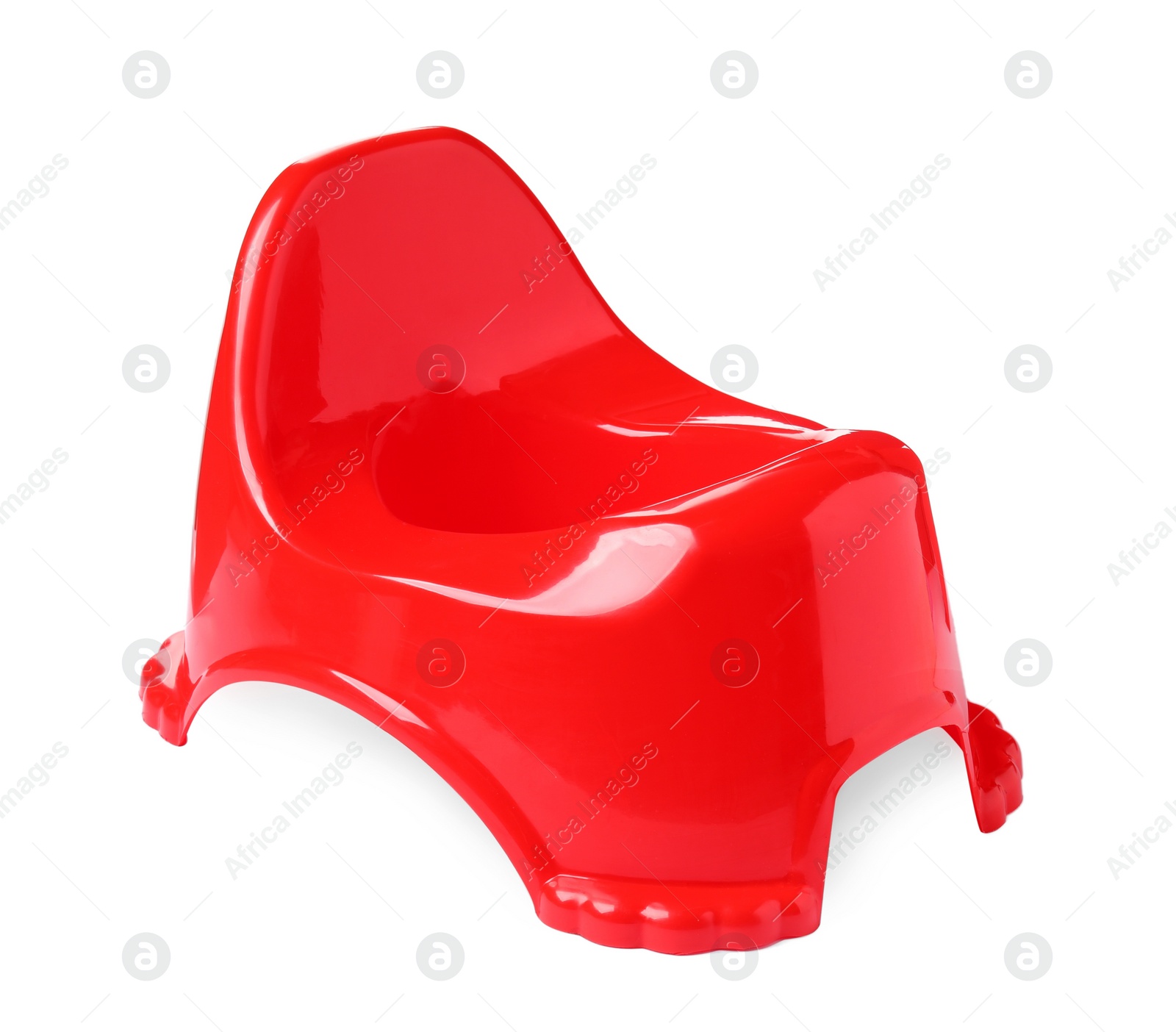 Photo of Red baby potty on white background. Toilet training